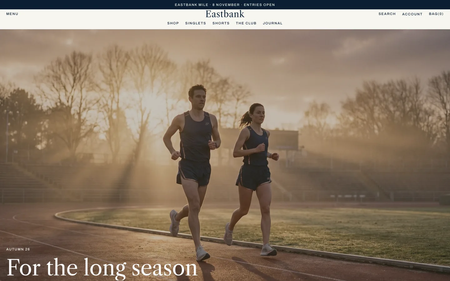 Eastbank demo: runner on a stadium track, serif headline For the long season