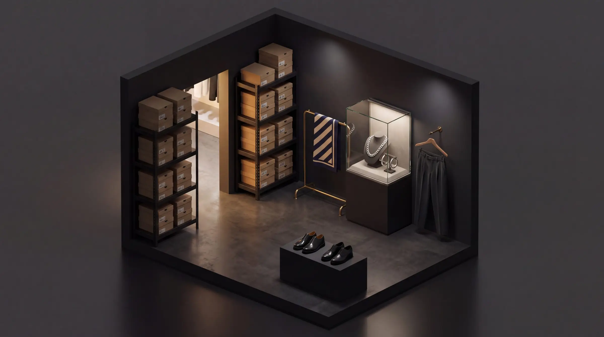 Galerie edition: the archive room, with shoe boxes on shelves, a striped scarf on a rail and silver in a lit vitrine