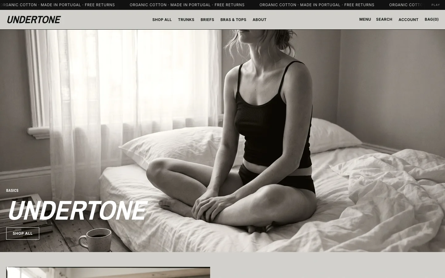 Undertone demo: soft grey studio photograph, italic condensed wordmark on grain paper