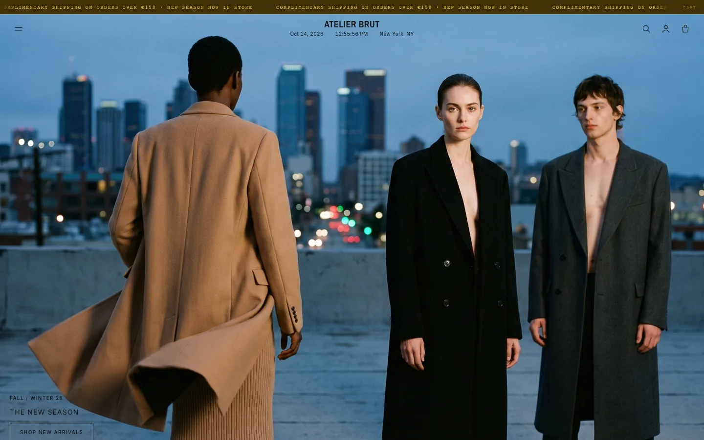 Street demo: three models in winter coats on a full-screen flagship hero, minimal header with a live clock